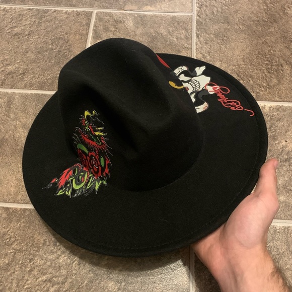 Ed Hardy Other - Ed Hardy Fedora Top Hat Black Love Kills Slowly Skull Tattoo Rose Dragon Cowboy
